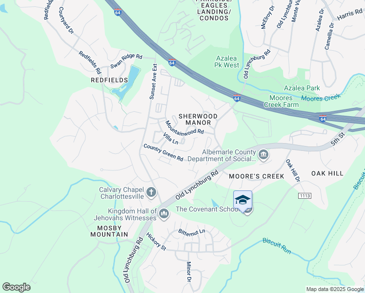 map of restaurants, bars, coffee shops, grocery stores, and more near 1219 Villa Lane in Charlottesville