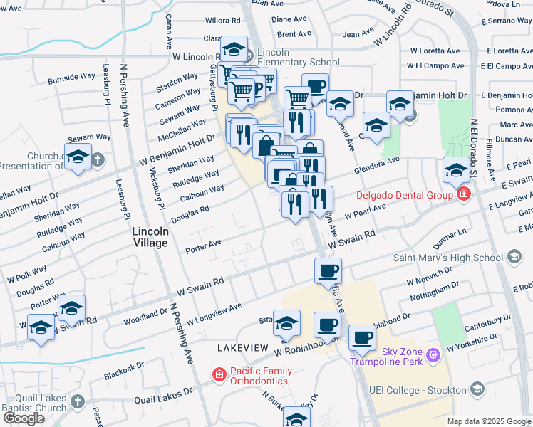 map of restaurants, bars, coffee shops, grocery stores, and more near 6238 Gettysburg Place in Stockton
