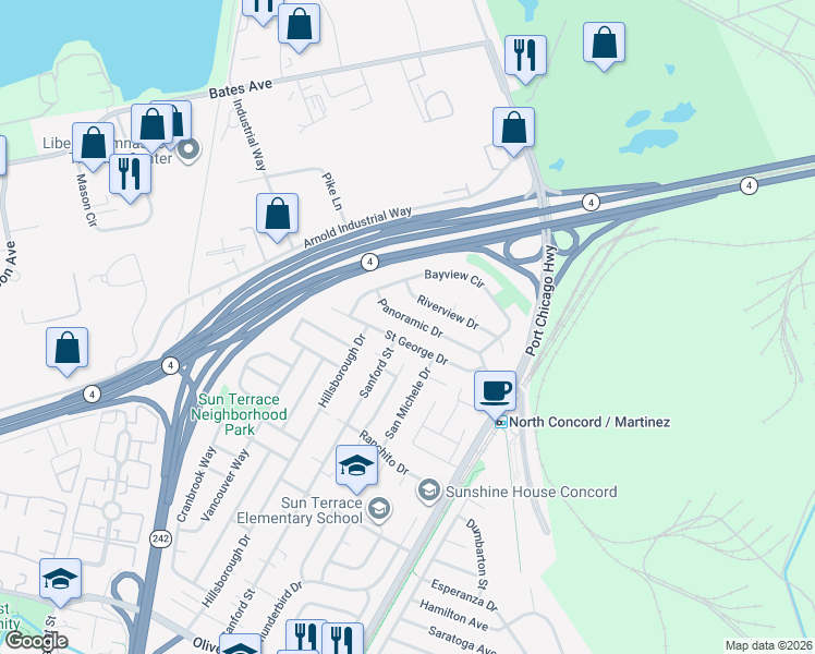 map of restaurants, bars, coffee shops, grocery stores, and more near 2301 Riverview Drive in Concord