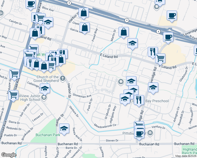map of restaurants, bars, coffee shops, grocery stores, and more near 134 Banyon Drive in Pittsburg