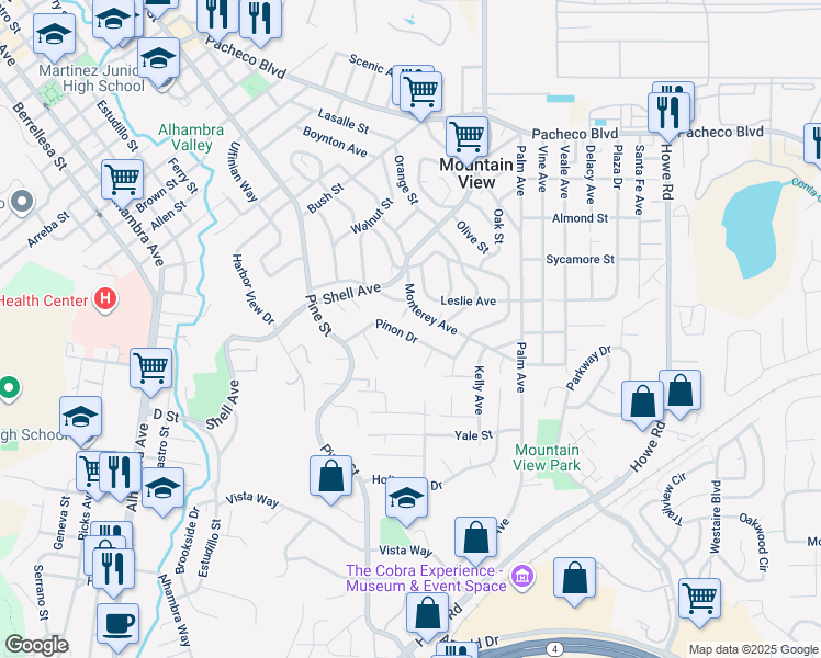 map of restaurants, bars, coffee shops, grocery stores, and more near 927 Pinon Drive in Martinez