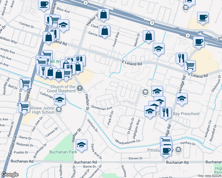 map of restaurants, bars, coffee shops, grocery stores, and more near 163 Tiki Lane in Pittsburg