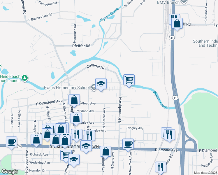 map of restaurants, bars, coffee shops, grocery stores, and more near 2901 North Bedford Avenue in Evansville