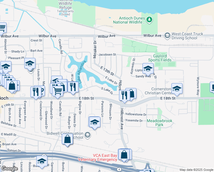 map of restaurants, bars, coffee shops, grocery stores, and more near 104 East Lake Drive in Antioch