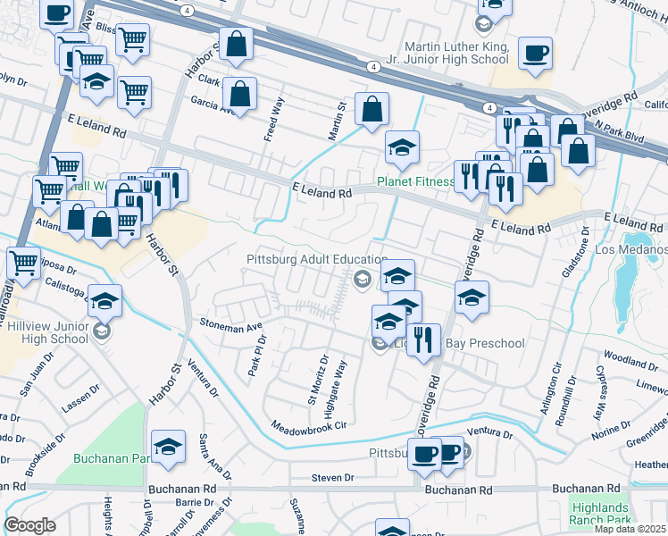 map of restaurants, bars, coffee shops, grocery stores, and more near 65 Pali Way in Pittsburg