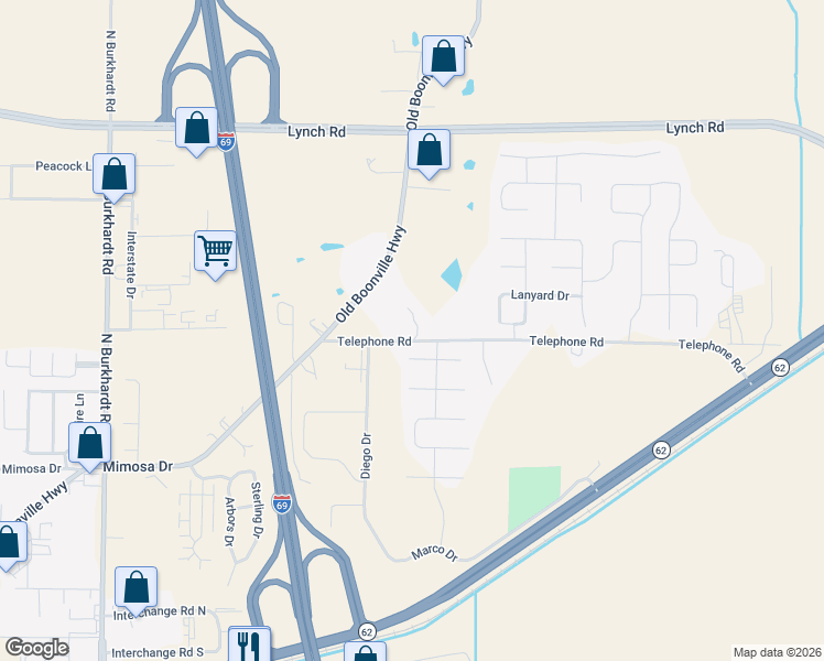 map of restaurants, bars, coffee shops, grocery stores, and more near 7410 Telephone Road in Evansville