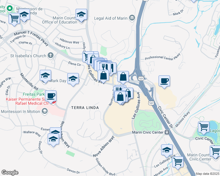 map of restaurants, bars, coffee shops, grocery stores, and more near 750 Las Gallinas Avenue in San Rafael