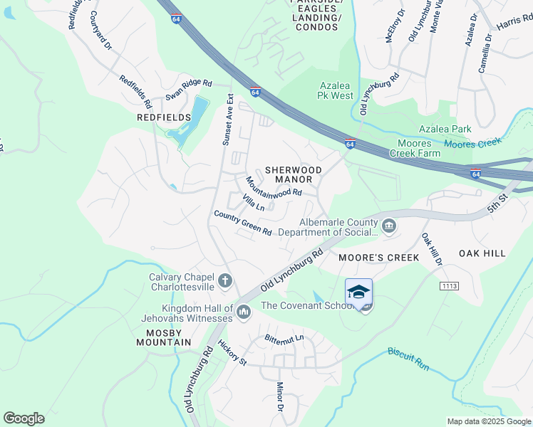map of restaurants, bars, coffee shops, grocery stores, and more near 1221 Villa Lane in Charlottesville