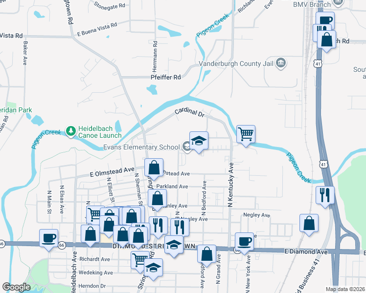 map of restaurants, bars, coffee shops, grocery stores, and more near 806 Tulip Avenue in Evansville