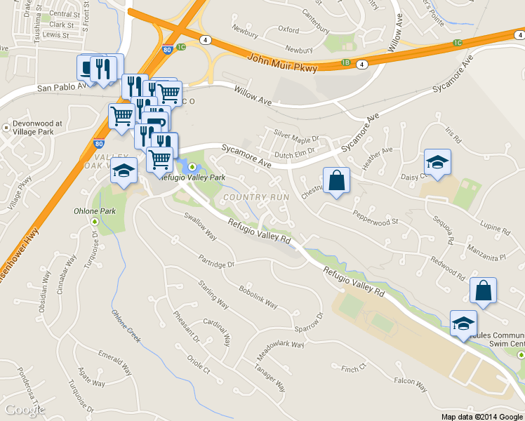 map of restaurants, bars, coffee shops, grocery stores, and more near 10 Tarn Court in Hercules