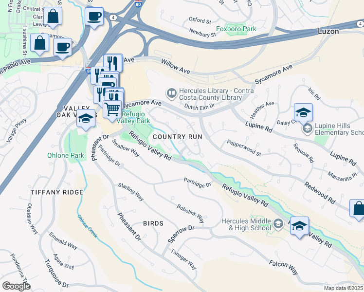 map of restaurants, bars, coffee shops, grocery stores, and more near 10 Tarn Court in Hercules