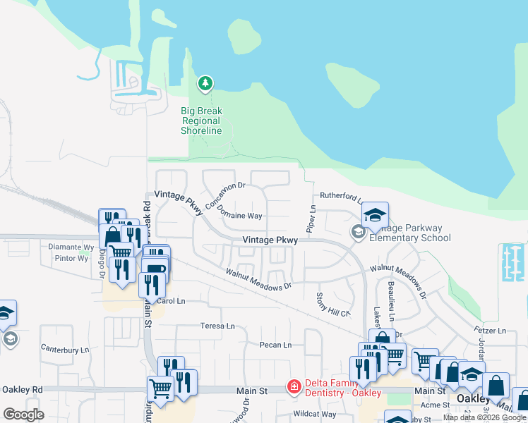 map of restaurants, bars, coffee shops, grocery stores, and more near 1700 Domaine Way in Oakley