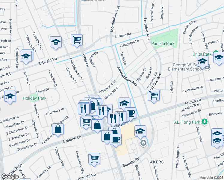 map of restaurants, bars, coffee shops, grocery stores, and more near 5749 Caribbean Circle in Stockton