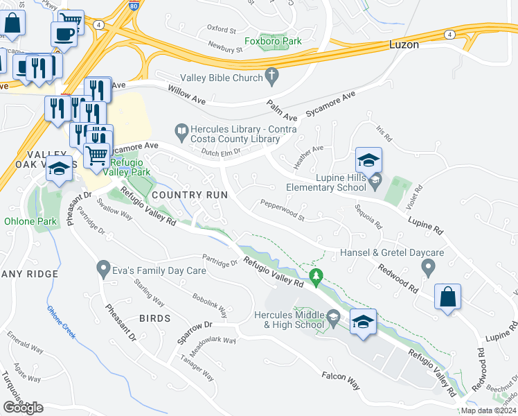 map of restaurants, bars, coffee shops, grocery stores, and more near 112 Pepperwood Street in Hercules