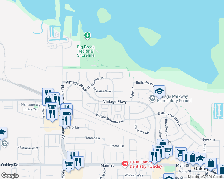 map of restaurants, bars, coffee shops, grocery stores, and more near 1700 Domaine Way in Oakley
