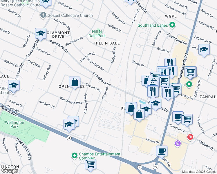 map of restaurants, bars, coffee shops, grocery stores, and more near 375 Pasadena Drive in Lexington