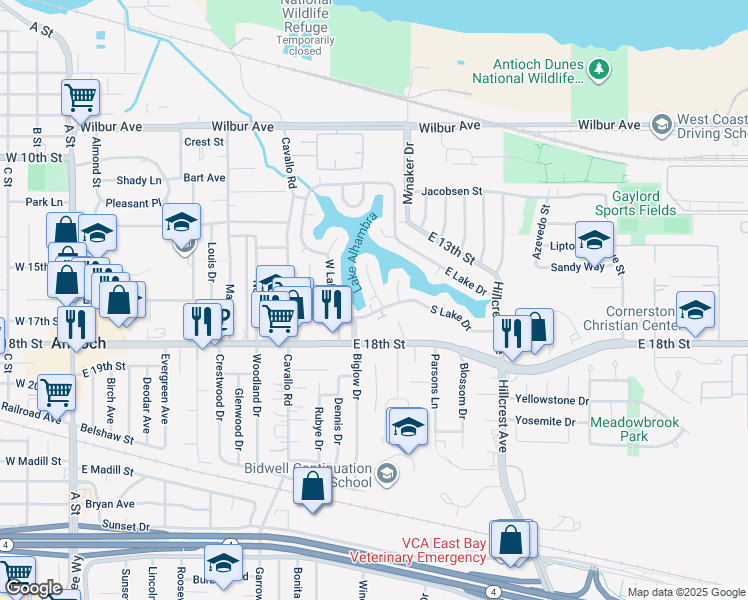 map of restaurants, bars, coffee shops, grocery stores, and more near 2 Alhambra Court in Antioch