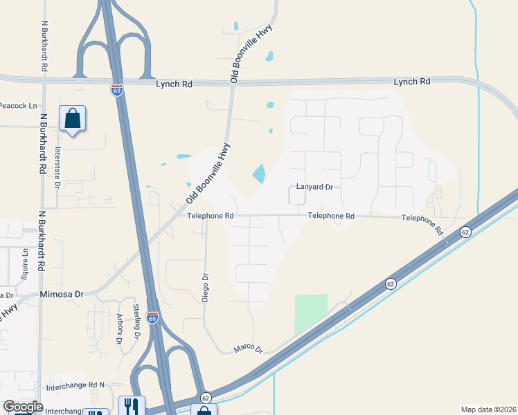 map of restaurants, bars, coffee shops, grocery stores, and more near 7520 Telephone Road in Evansville