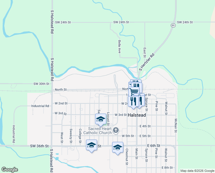 map of restaurants, bars, coffee shops, grocery stores, and more near 332 North Street in Halstead