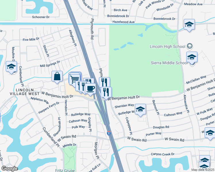 map of restaurants, bars, coffee shops, grocery stores, and more near 6721 Plymouth Road in Stockton