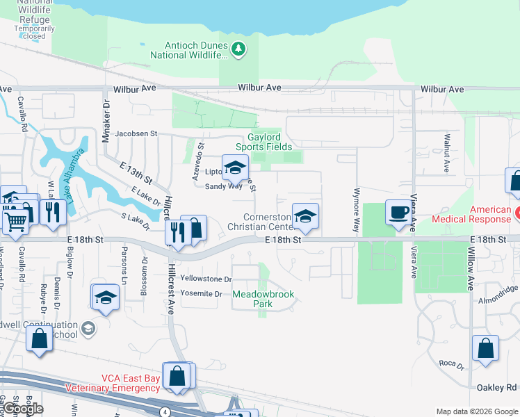 map of restaurants, bars, coffee shops, grocery stores, and more near 1413 Hargrove Street in Antioch