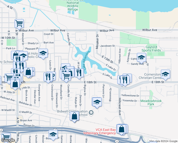 map of restaurants, bars, coffee shops, grocery stores, and more near 4 South Lake Court in Antioch
