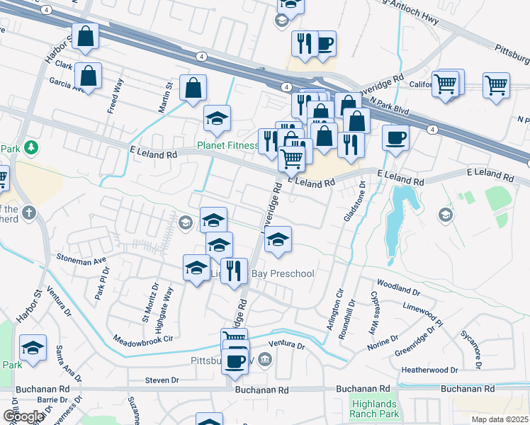 map of restaurants, bars, coffee shops, grocery stores, and more near 500 Loveridge Circle in Pittsburg
