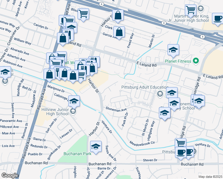 map of restaurants, bars, coffee shops, grocery stores, and more near 701 Stoneman Avenue in Pittsburg