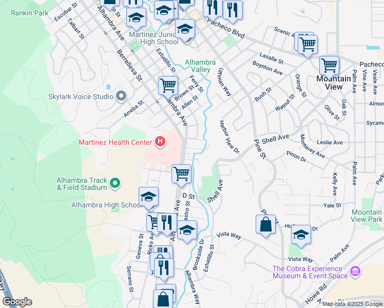 map of restaurants, bars, coffee shops, grocery stores, and more near 509 Arch Street in Martinez