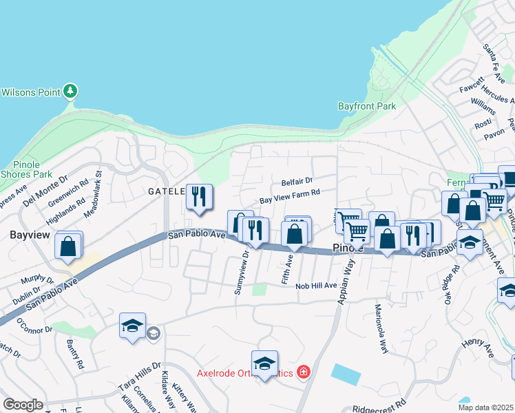 map of restaurants, bars, coffee shops, grocery stores, and more near 1060 Bay View Farm Road in Pinole