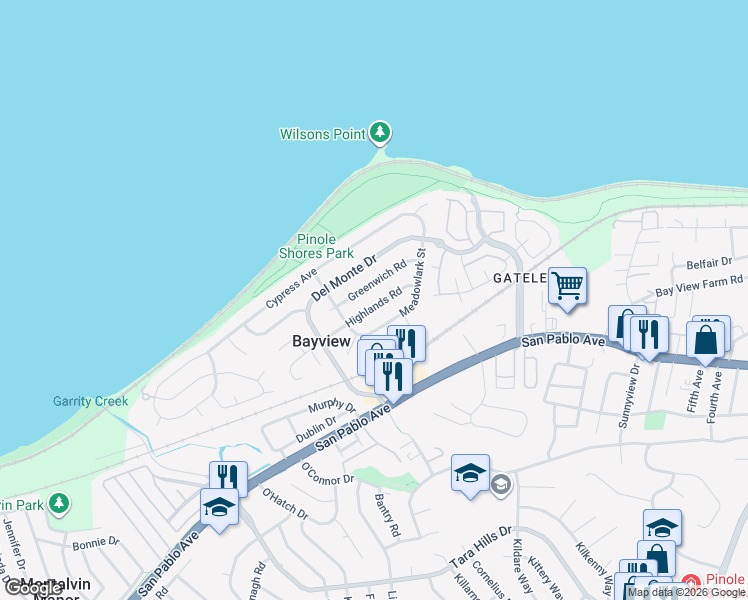 map of restaurants, bars, coffee shops, grocery stores, and more near 2294 Greenwich Road in San Pablo