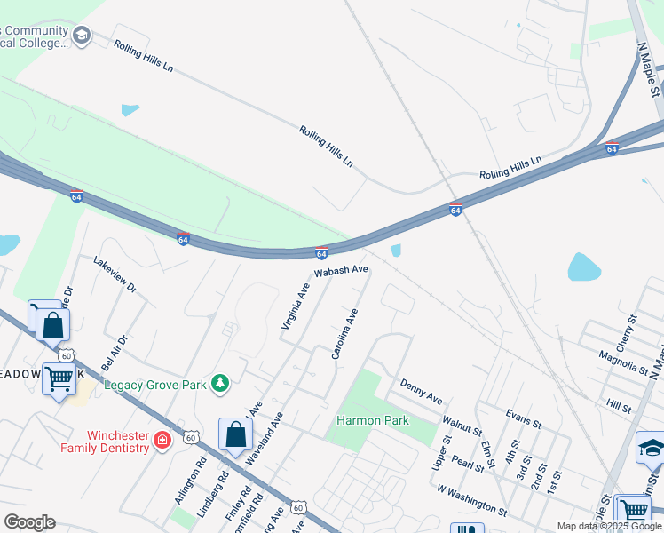 map of restaurants, bars, coffee shops, grocery stores, and more near 95 Interstate 64 in Winchester
