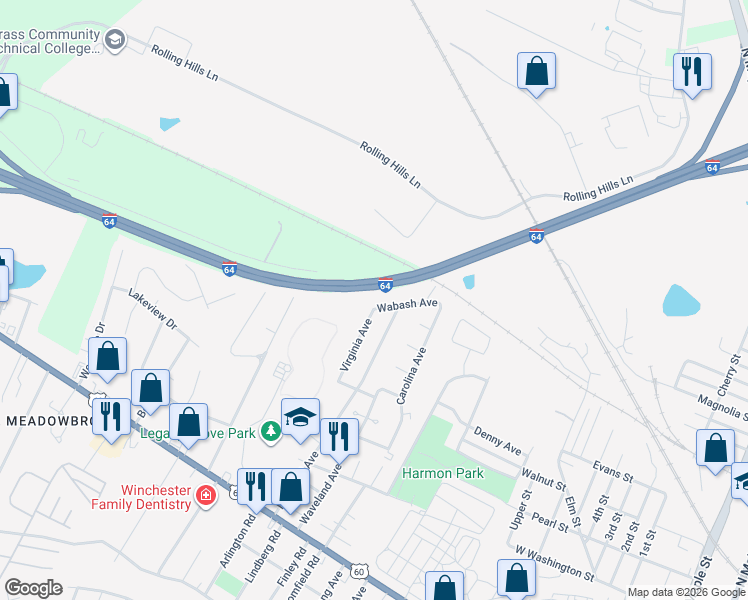 map of restaurants, bars, coffee shops, grocery stores, and more near 95 Interstate 64 in Winchester