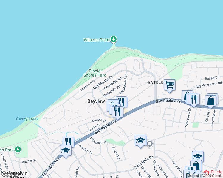 map of restaurants, bars, coffee shops, grocery stores, and more near 2294 Greenwich Road in San Pablo