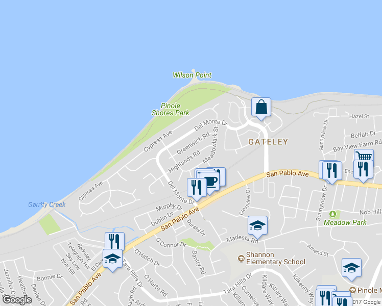 map of restaurants, bars, coffee shops, grocery stores, and more near 2267 Highlands Road in San Pablo