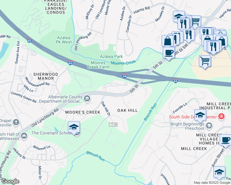 map of restaurants, bars, coffee shops, grocery stores, and more near 1423 County Road 631 in Charlottesville