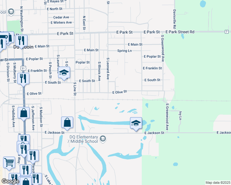 map of restaurants, bars, coffee shops, grocery stores, and more near 829 East Olive Street in Du Quoin