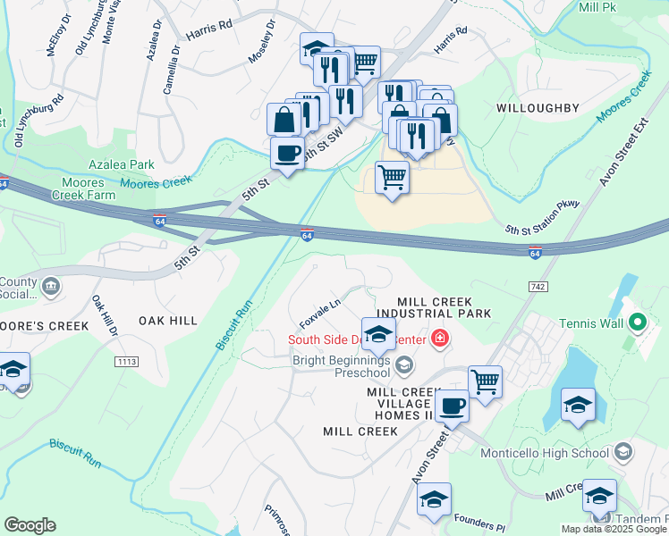 map of restaurants, bars, coffee shops, grocery stores, and more near 560 Rolling Valley Court in Charlottesville