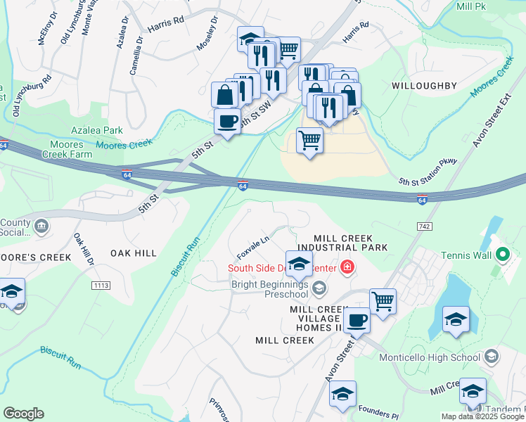 map of restaurants, bars, coffee shops, grocery stores, and more near 560 Rolling Valley Court in Charlottesville
