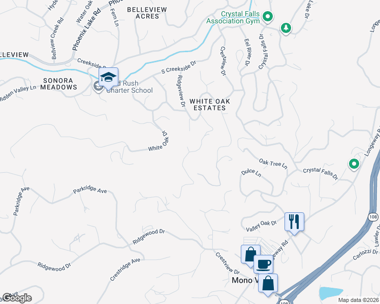 map of restaurants, bars, coffee shops, grocery stores, and more near 21256 Ridgeview Drive in Sonora