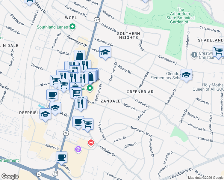 map of restaurants, bars, coffee shops, grocery stores, and more near 217 Zandale Drive in Lexington