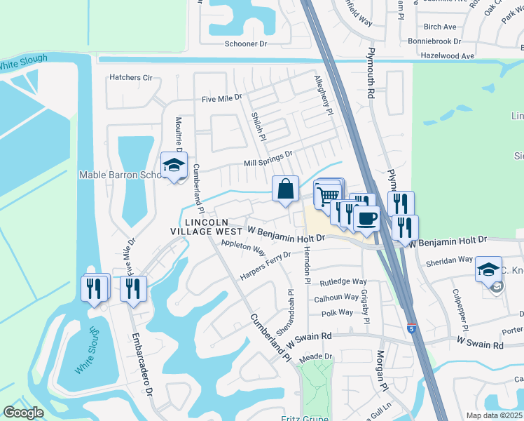 map of restaurants, bars, coffee shops, grocery stores, and more near 3525 West Benjamin Holt Drive in Stockton