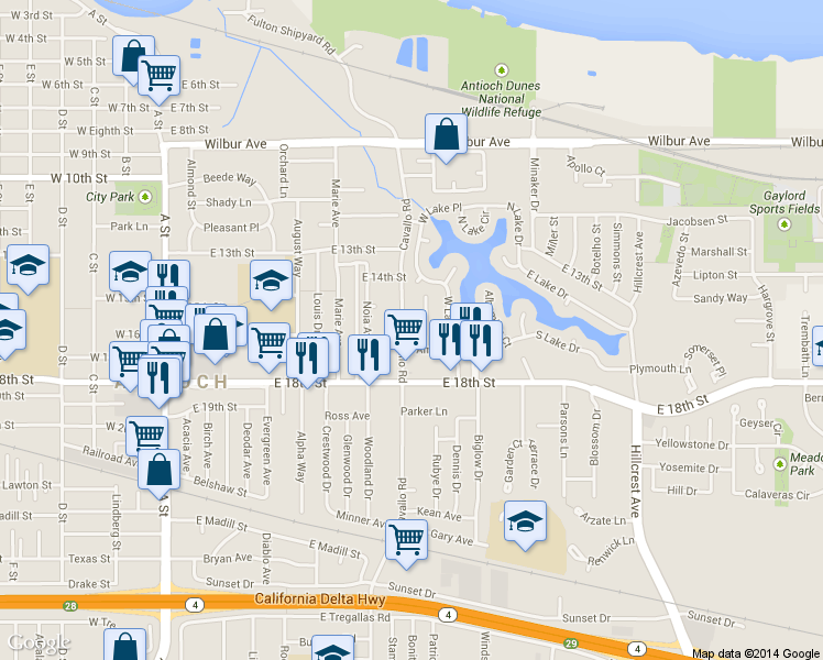 map of restaurants, bars, coffee shops, grocery stores, and more near 1613 Cavallo Road in Antioch