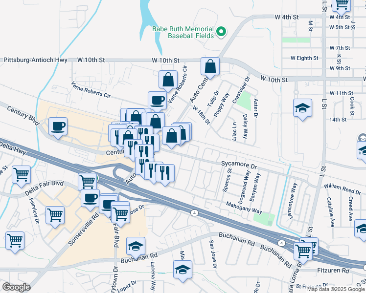 map of restaurants, bars, coffee shops, grocery stores, and more near 1831 Auto Center Drive in Antioch