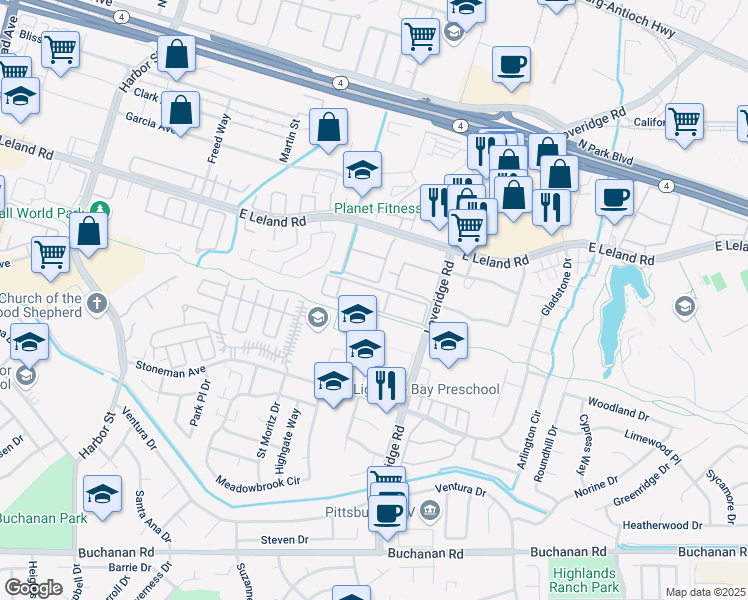 map of restaurants, bars, coffee shops, grocery stores, and more near 56 Loveridge Circle in Pittsburg