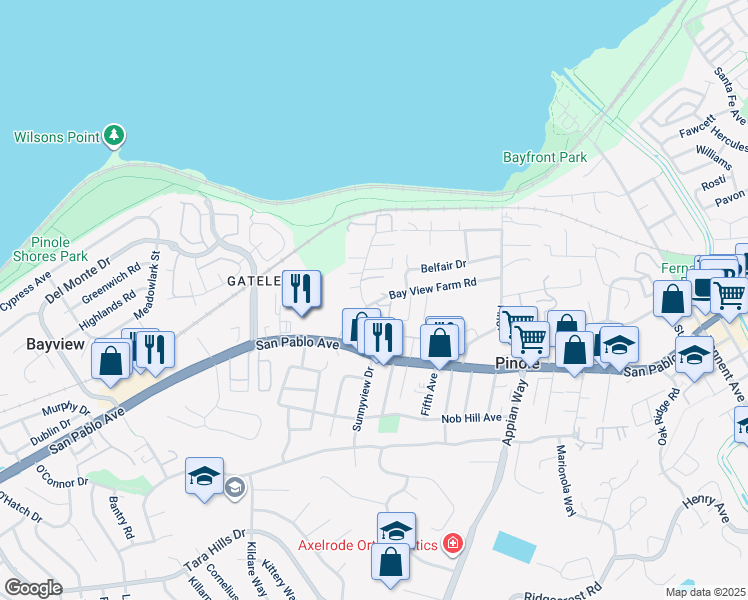 map of restaurants, bars, coffee shops, grocery stores, and more near 570-580 Sunnyview Drive in Pinole