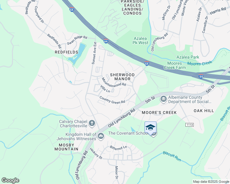 map of restaurants, bars, coffee shops, grocery stores, and more near 1207 Villa Lane in Charlottesville