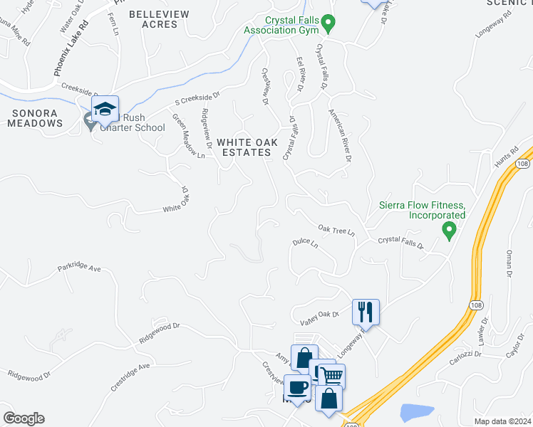 map of restaurants, bars, coffee shops, grocery stores, and more near 21185 Crestview Drive in Sonora
