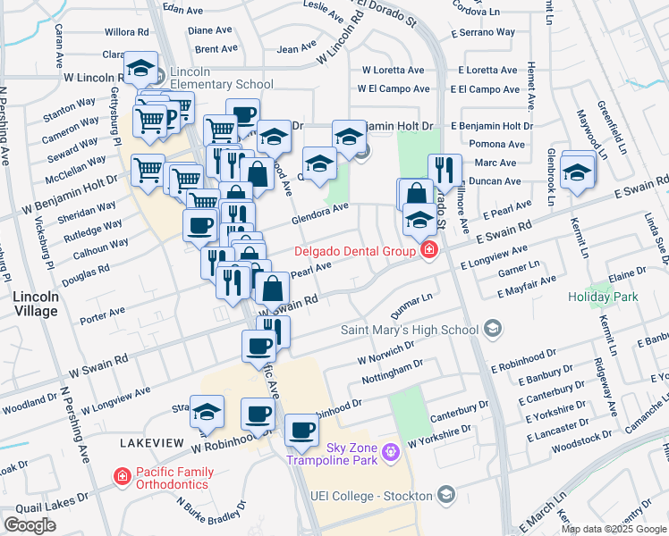 map of restaurants, bars, coffee shops, grocery stores, and more near 231 West Pearl Avenue in Stockton