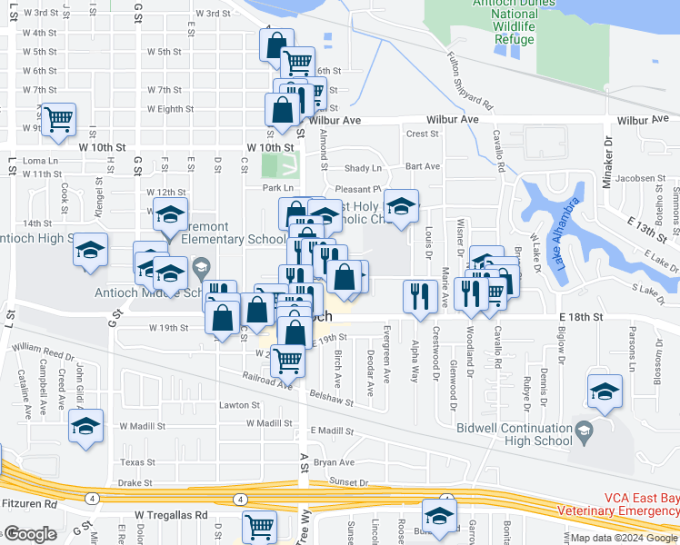 map of restaurants, bars, coffee shops, grocery stores, and more near 35 East 16th Street in Antioch